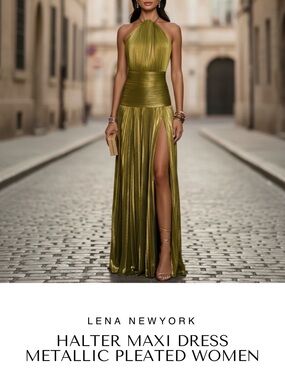 Metallic Olive Halter Pleated Maxi Dress